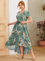 Women Plus Size Surplice Neck Self Belted Dip Hem Tropical Print Dress