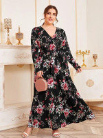 Women Plus Size Floral Print Self Tie A-line Dress