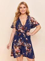 Women Plus Size Plunging Neck Floral Belted Dress