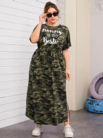 Women Plus Size Tie Front Slogan & Camo Print Dress