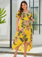 Women Plus Size Floral Print Wrap Knotted Split Thigh Dress