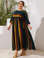 Women Plus Size Batwing Sleeve Striped Smock Dress
