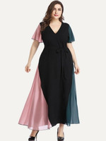 Women Plus Size Cut And Sew Panel V-neck Belted Maxi Dress