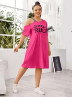 Women Plus Size Slogan Graphic Asymmetrical Tee Dress