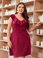 Women Plus Size Solid Ruffle Trim Dress