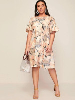 Women Plus Size Flounce Sleeve Botanical Print Tunic Dress