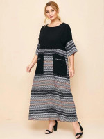 Women Plus Size Tribal Print Pocket Front Dress