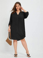 Women Plus Size Roll Tab Sleeve Notched Neck Ruched Side Dress