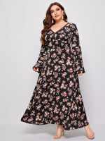 Women Plus Size Flounce Sleeve Floral Print Dress