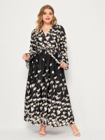 Women Plus Size Floral Print Self-belted Dress
