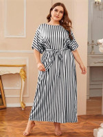 Women Plus Size Dolman Sleeve Self Belted Striped Maxi Dress