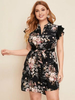Women Plus Size Pleated Ruffle Trim Belted Floral Dress