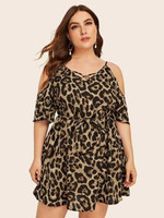 Women Plus Size Leopard Print Cold Shoulder Belted Dress