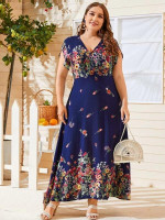Women Plus Size Plunging Neck Floral Print A-line Dress