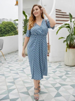 Women Plus Size Surplice Front Striped A-line Dress