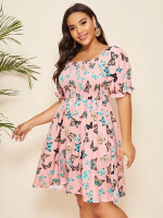 Women Plus Size Butterfly Print Shirred A-line Dress