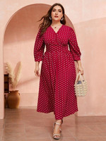 Women Plus Size Button Front Empire Waist Polka-dot Dress