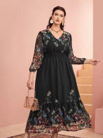 Women Plus Size Floral Print Shirred Ruffle Hem Dress