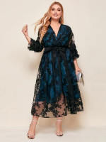 Women Plus Size Floral Mesh Belted Layered Sleeve Dress