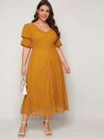 Women Plus Size Button Front Gathered Sleeve Lace Dress