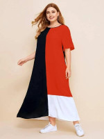 Women Plus Size Ruffle Cuff Colorblock Dress