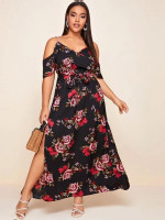 Women Plus Size Cold Shoulder High Split Hem Floral Dress