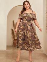 Women Plus Size Cold Shoulder Foldover Front Boxy Pleated Floral Dress
