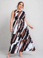 Women Plus Size Color Block Geo Belted Maxi Dress