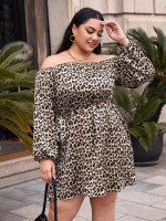 Women Plus Size Off Shoulder Lantern Sleeve Self Belted Leopard Dress