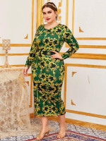 Women Plus Size Chain and Baroque Print Split Hem Dress
