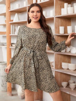 Women Plus Size Dalmatian Print Lantern Sleeve Belted Dress