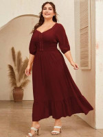 Women Plus Size Guipure Lace Detail Shirred Wide Waistband Dress
