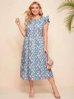 Women Plus Size Floral Print Ruffle Trim A-line Dress