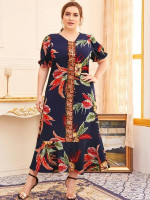 Women Plus Size Plants Print Ruffle Hem Dress
