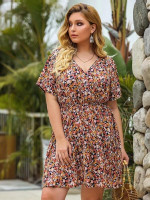 Women Plus Size Allover Floral Surplice A-line Dress