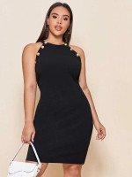 Women Plus Size Halter Metal Button Fitted Dress