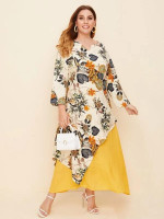 Women Plus Size Floral Print Asymmetrical Hem Layered Dress