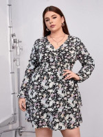 Women Plus Size Surplice Neck Floral Print Lantern Sleeve Shirred Waist Dress