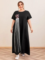 Women Plus Size Tribal Patched Fringe Tee Dress