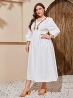 Women Plus Size Ruffle Trim Floral Embroidered Dress