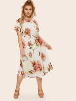Women Plus Size Large Floral Print Belted Dress