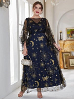 Women Plus Size Moon & Star Print Mesh Overlay Maxi Dress