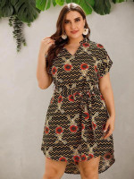 Women Plus Size Notched Chevron And Floral Belted Dress