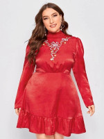 Women Plus Size Shirred High Neck Embroidery Floral Ruffle Hem Satin Dress