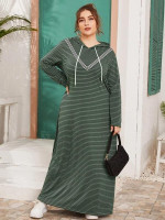 Women Plus Size Chevron Tape Drawstring Hooded Maxi Dress