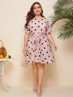 Women Plus Size Polka Dot Self Tie A-line Dress