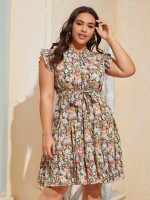 Women Plus Size Allover Floral Frill Neck Belted A-line Dress