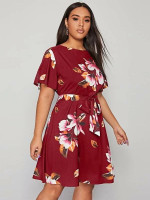 Women Plus Size Floral Print Belted Dress