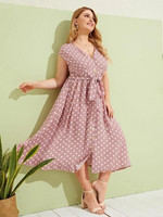 Women Plus Size Polka-dot Print Button Front Belted Tea Dress