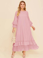 Women Plus Size Contrast Lace Trim Ruffle Detail Dress